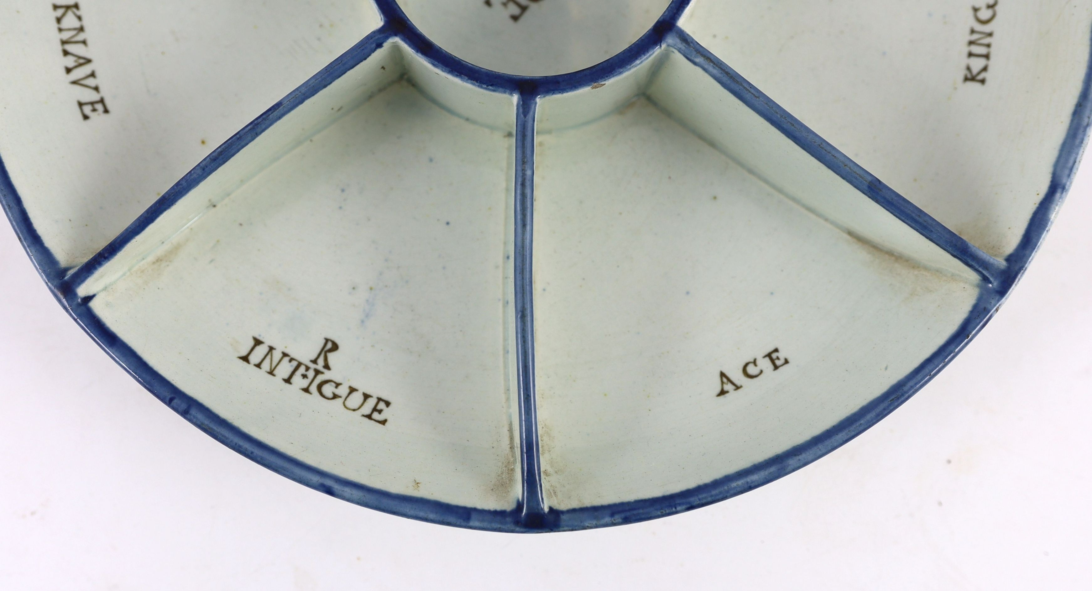 A rare pearlware dish shaped Pope Joan gaming rack, early 19th century, 26.5 cm diameter, small chips